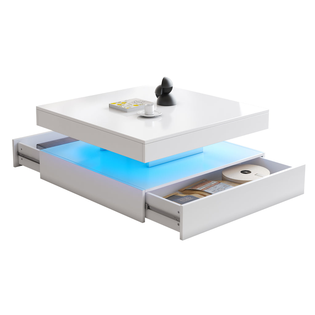 Square LED Coffee Table with Hidden Storage — Two-Drawer Model