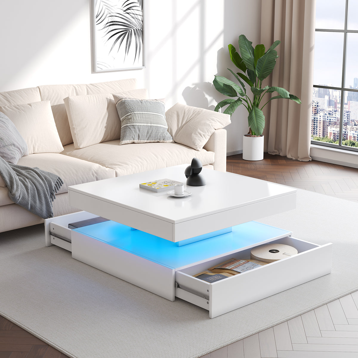 Square LED Coffee Table with Hidden Storage — Two-Drawer Model