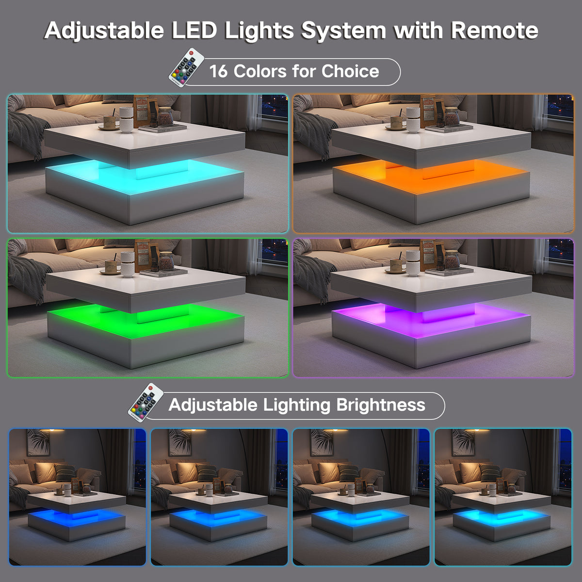 Square LED Coffee Table with Hidden Storage — Two-Drawer Model