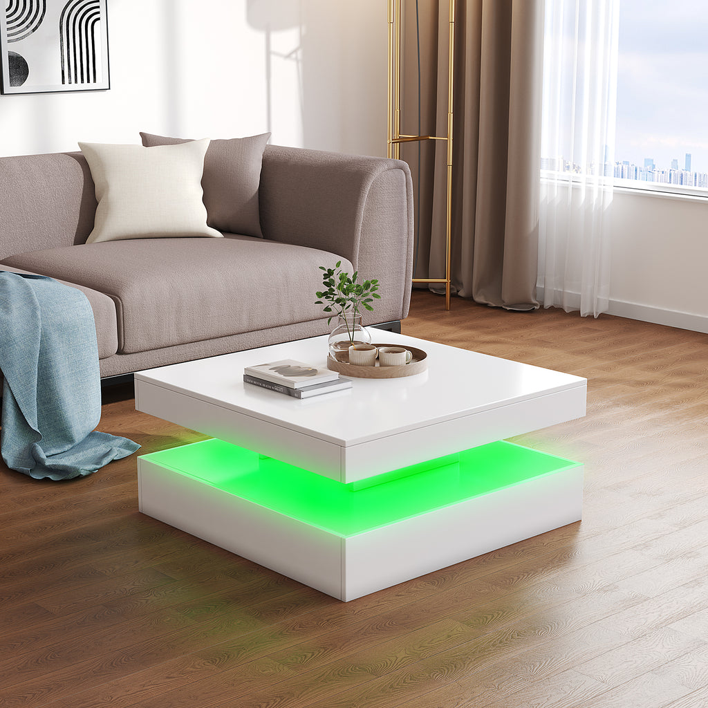 Square LED Coffee Table with Hidden Storage — Two-Drawer Model