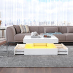 Square LED Coffee Table with Hidden Storage — Two-Drawer Model