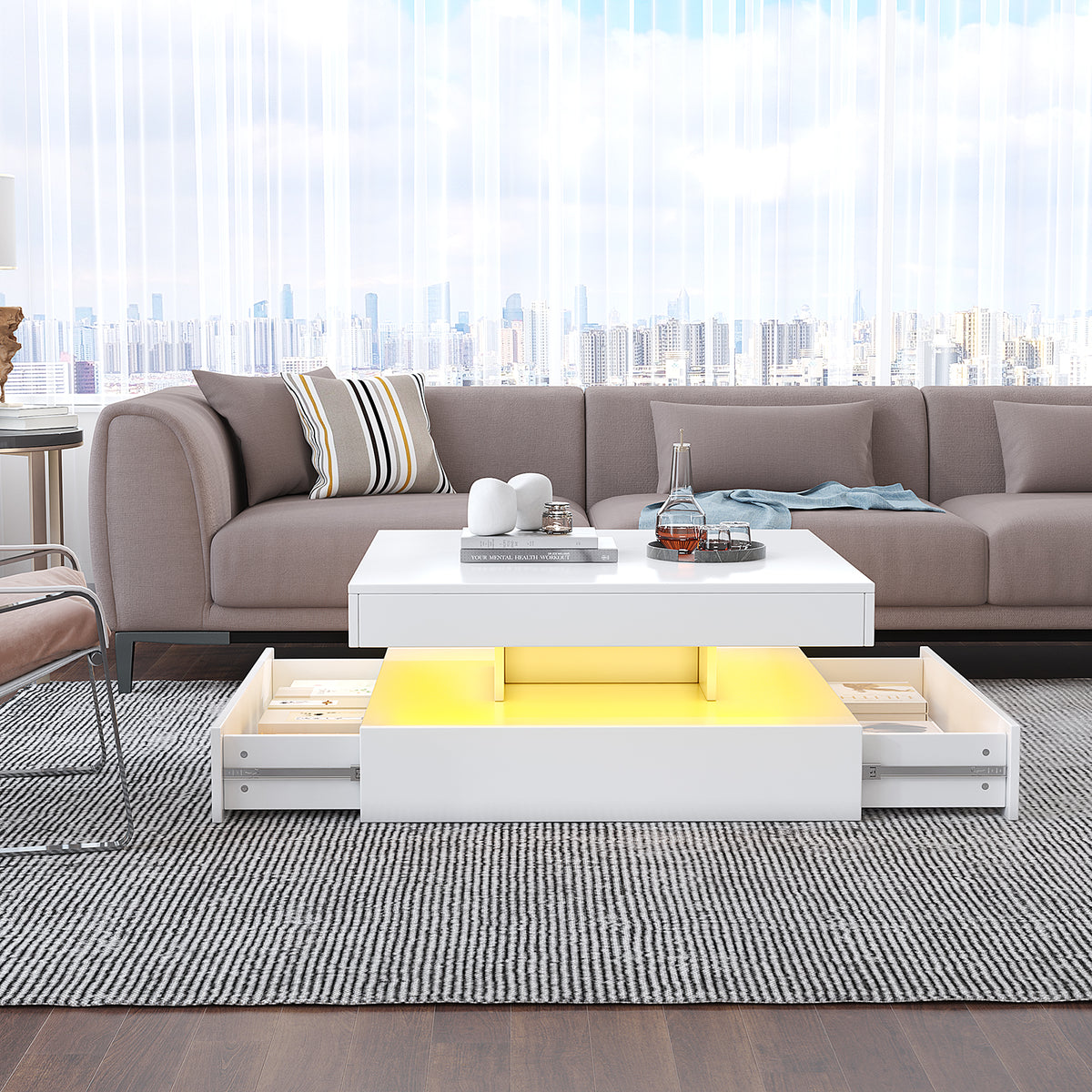 Square LED Coffee Table with Hidden Storage — Two-Drawer Model