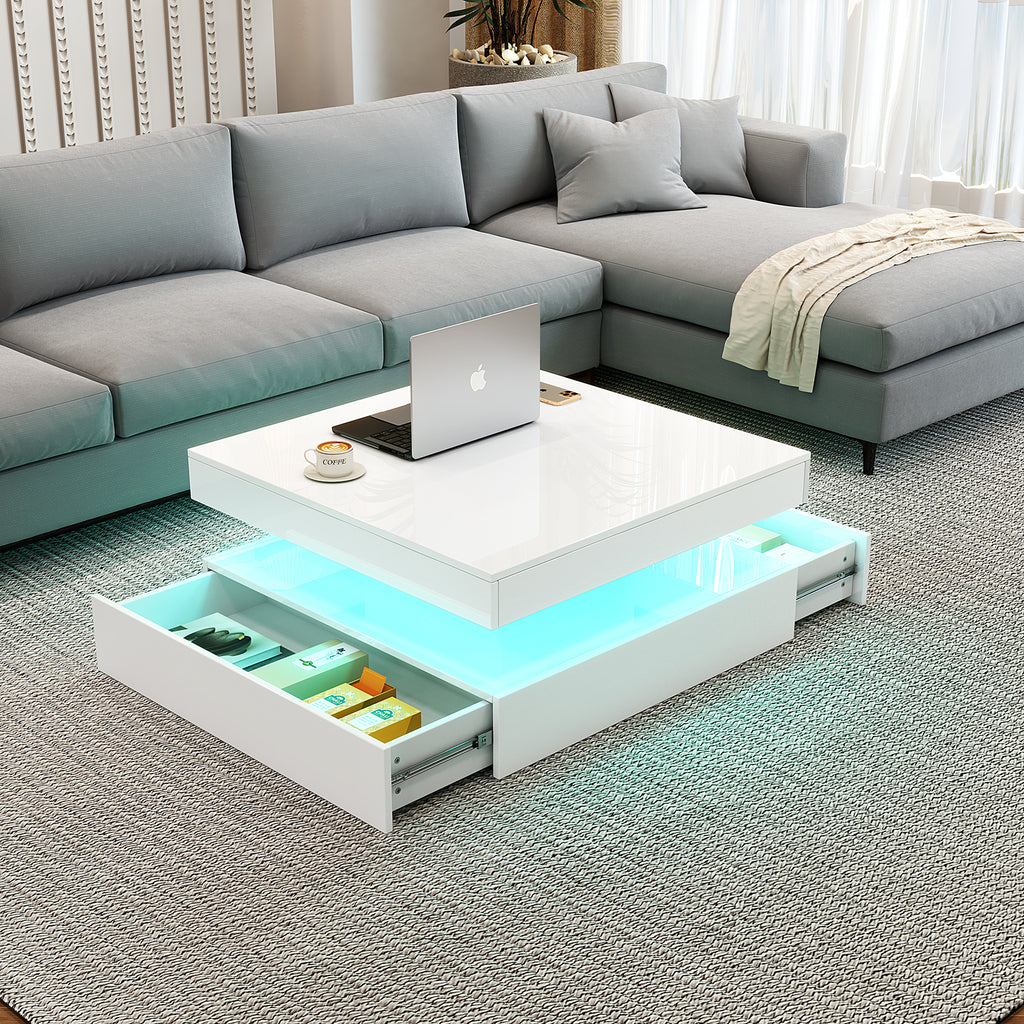 Square LED Coffee Table with Hidden Storage — Two-Drawer Model