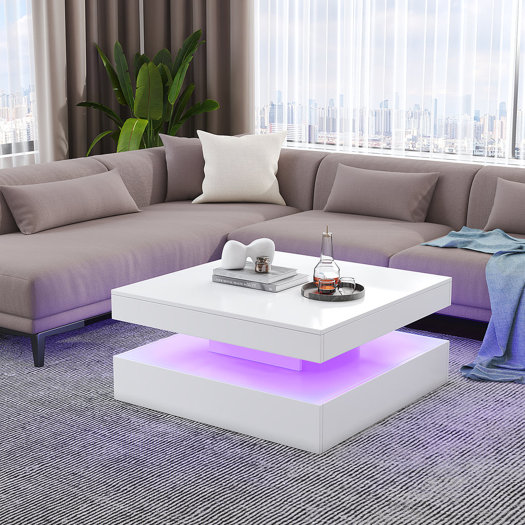 Square LED Coffee Table with Hidden Storage — Two-Drawer Model