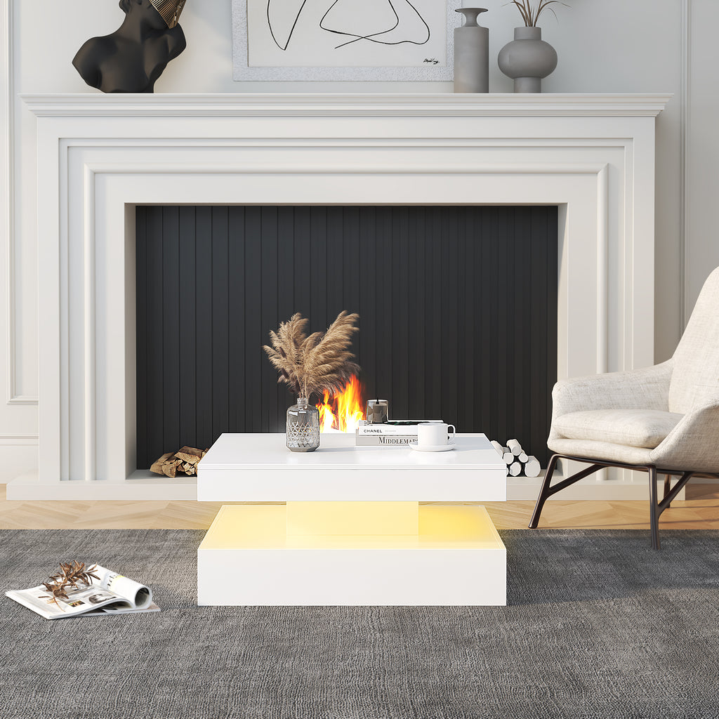 Square LED Coffee Table with Hidden Storage — Two-Drawer Model