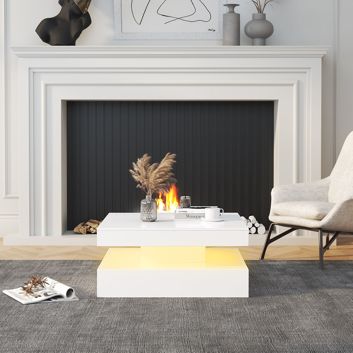 Square LED Coffee Table with Hidden Storage — Two-Drawer Model