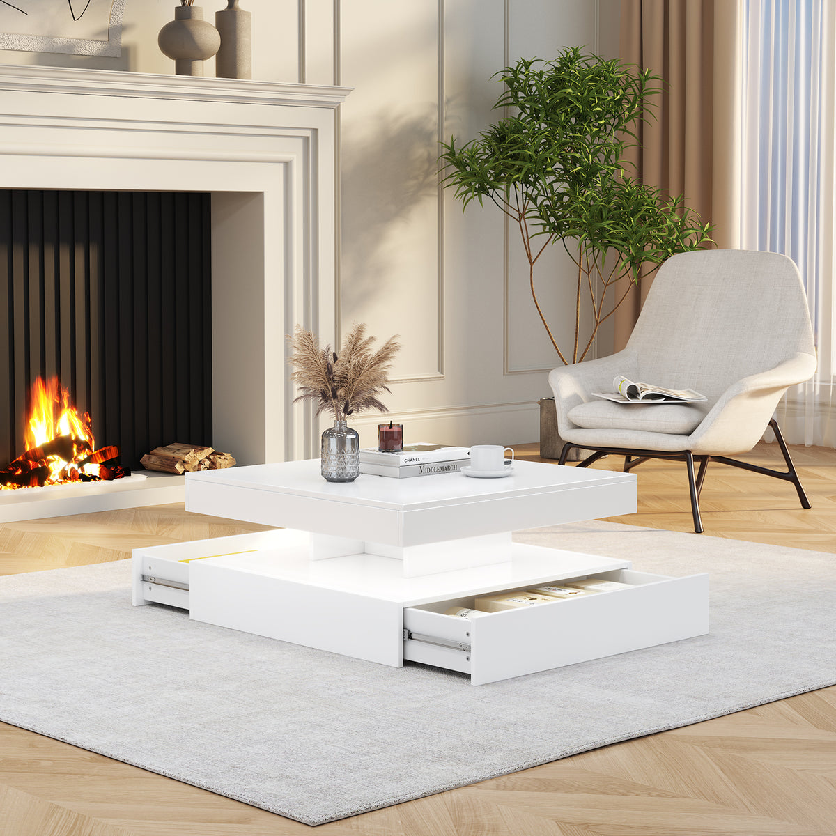 Square LED Coffee Table with Hidden Storage — Two-Drawer Model