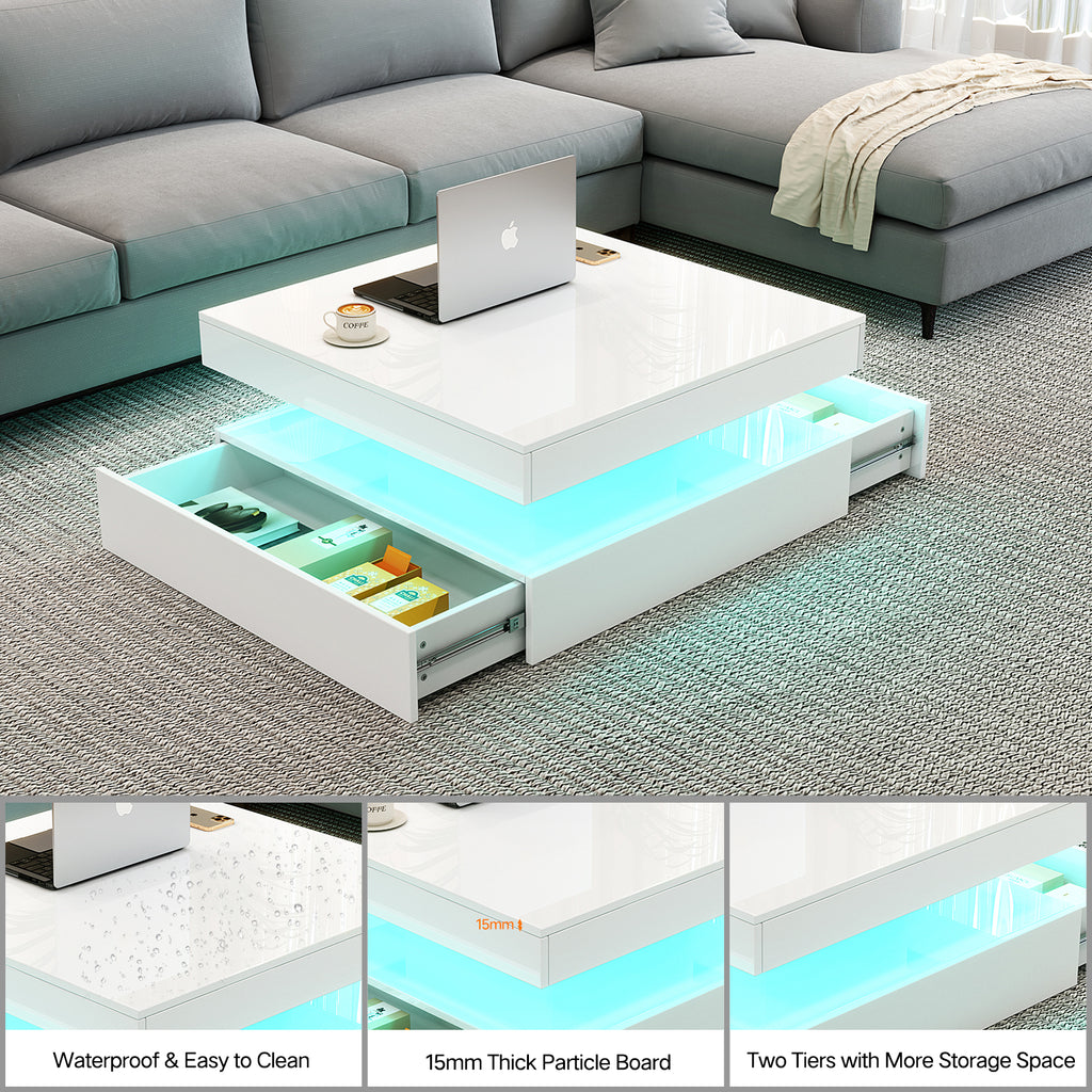 Square LED Coffee Table with Hidden Storage — Two-Drawer Model