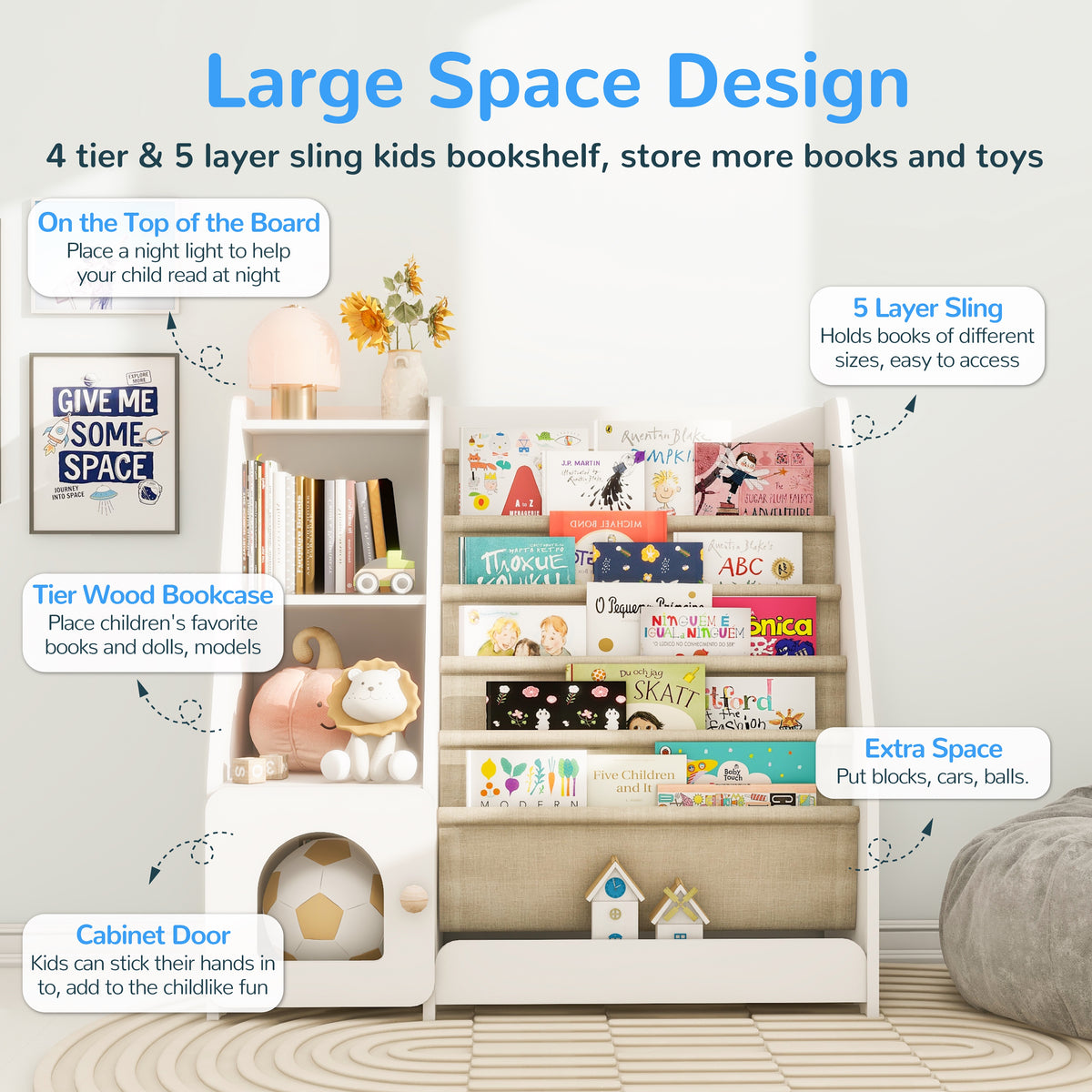 4 Tier Children's Bookshelf with Doors
