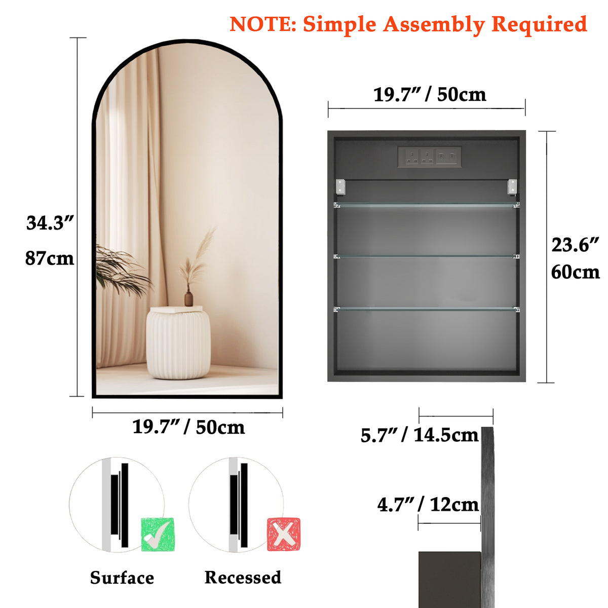 Arched Wall-Mounted Bathroom Mirror Cabinet with Storage & Outlet