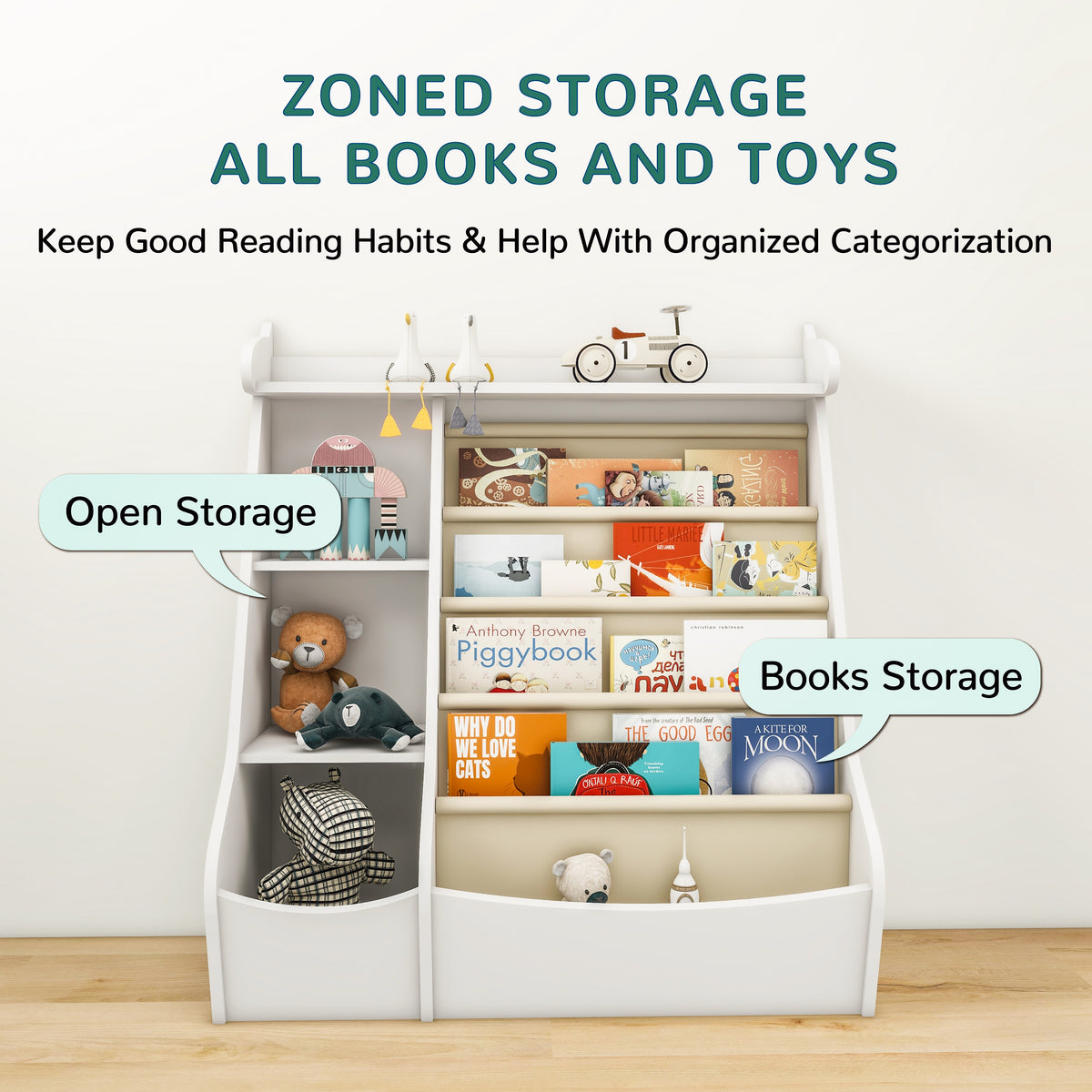 Montessori 4-Tier Kids Bookshelf & Toy Storage Organizer with Deer-Head Silhouette