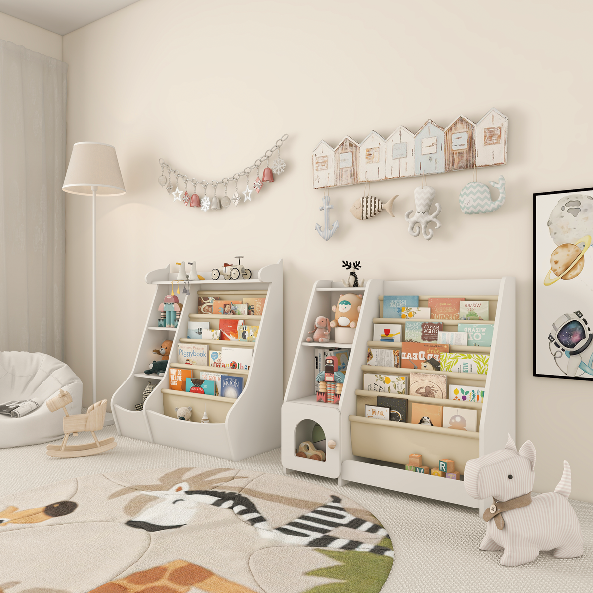 Montessori 4-Tier Kids Bookshelf & Toy Storage Organizer with Deer-Head Silhouette
