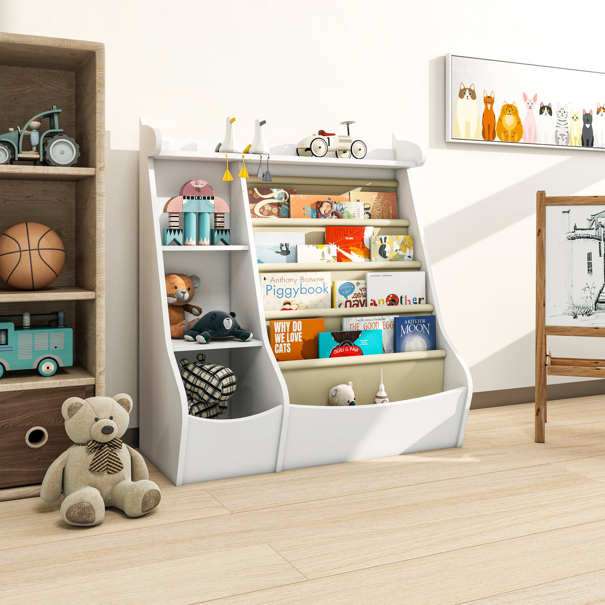 Montessori 4-Tier Kids Bookshelf & Toy Storage Organizer with Deer-Head Silhouette