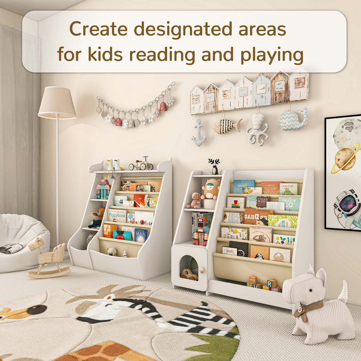 Montessori 4-Tier Kids Bookshelf & Toy Storage Organizer with Deer-Head Silhouette