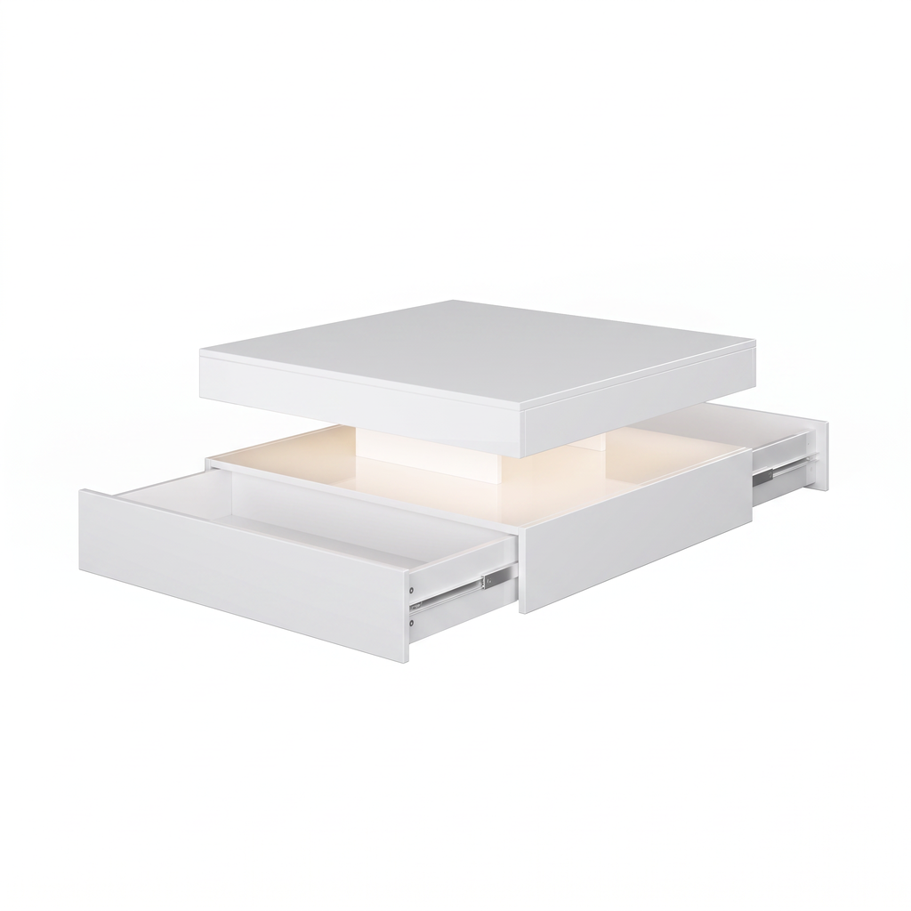 Square LED Coffee Table with Hidden Storage — Two-Drawer Model