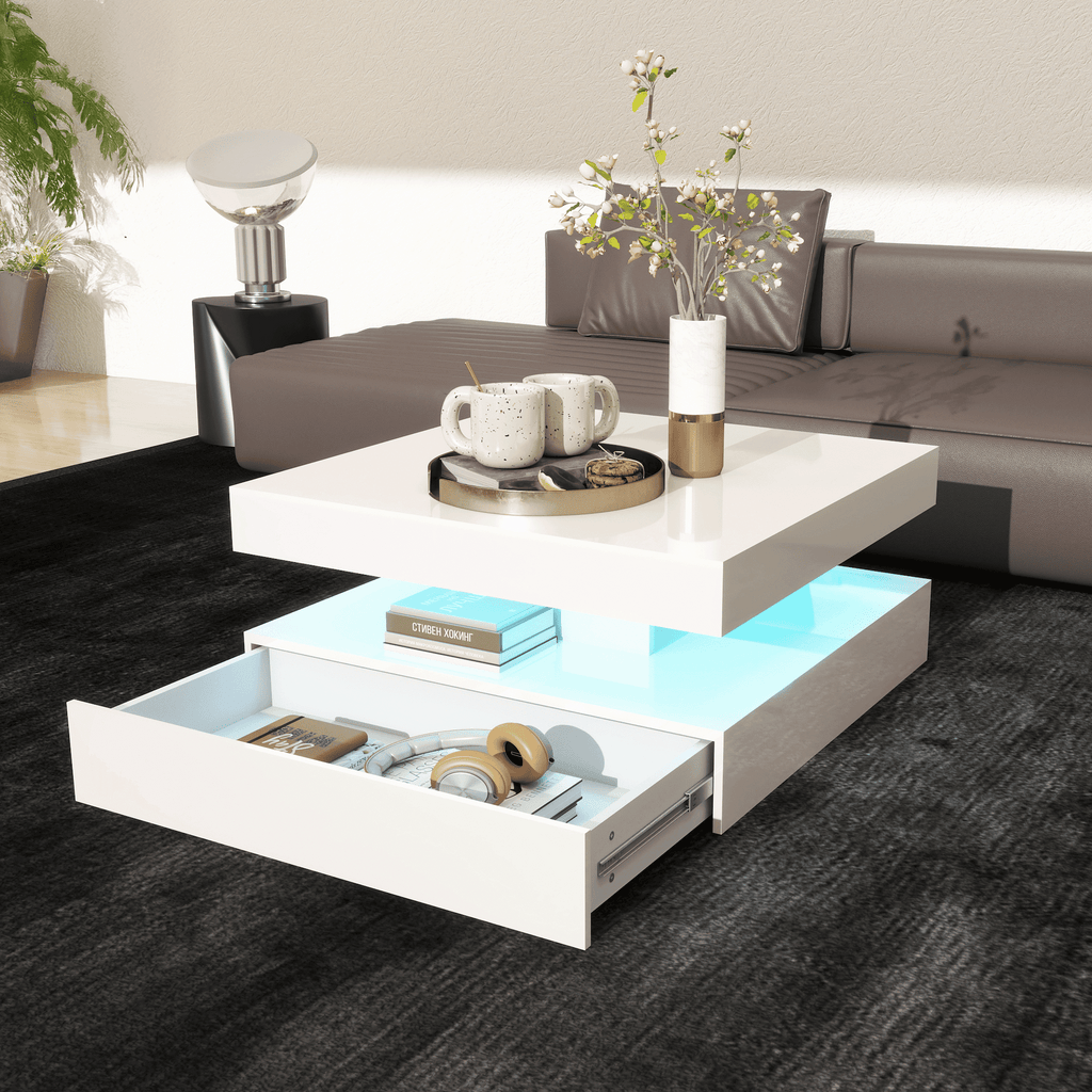 Square LED Coffee Table with Hidden Storage — One-Drawer Model