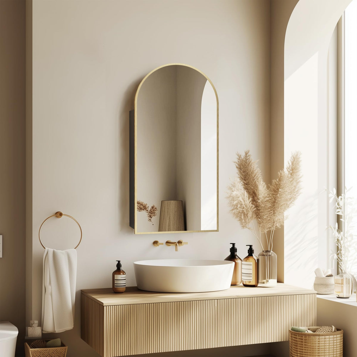 Arched Wall-Mounted Bathroom Mirror Cabinet with Storage & Outlet