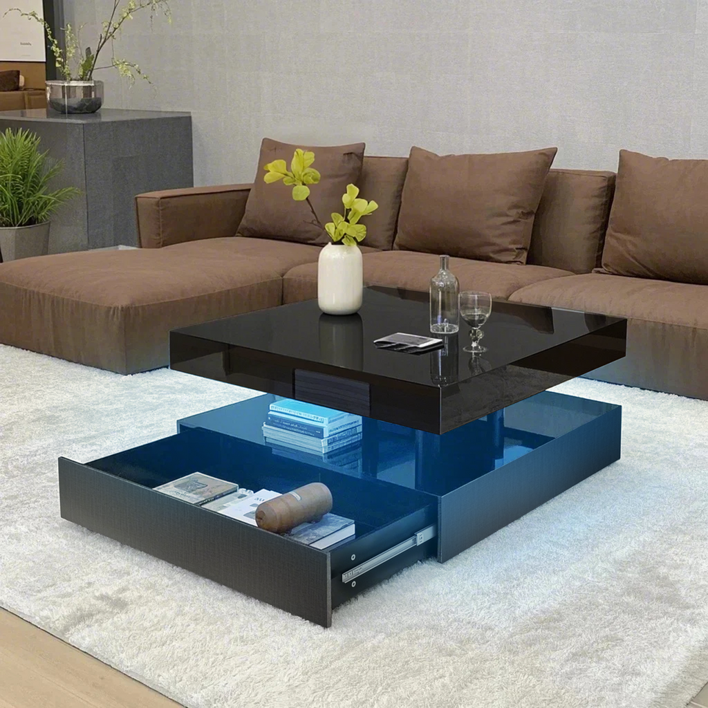 Square LED Coffee Table with Hidden Storage — One-Drawer Model