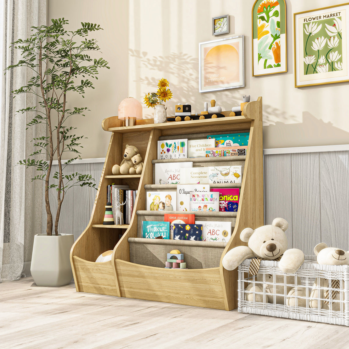 Montessori 4-Tier Kids Bookshelf & Toy Storage Organizer with Deer-Head Silhouette