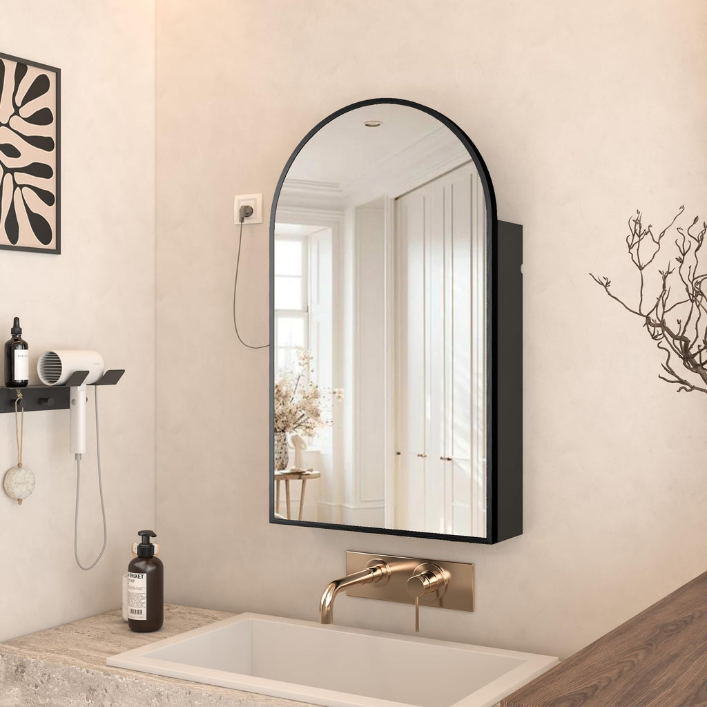 Arched Wall-Mounted Bathroom Mirror Cabinet with Storage & Outlet