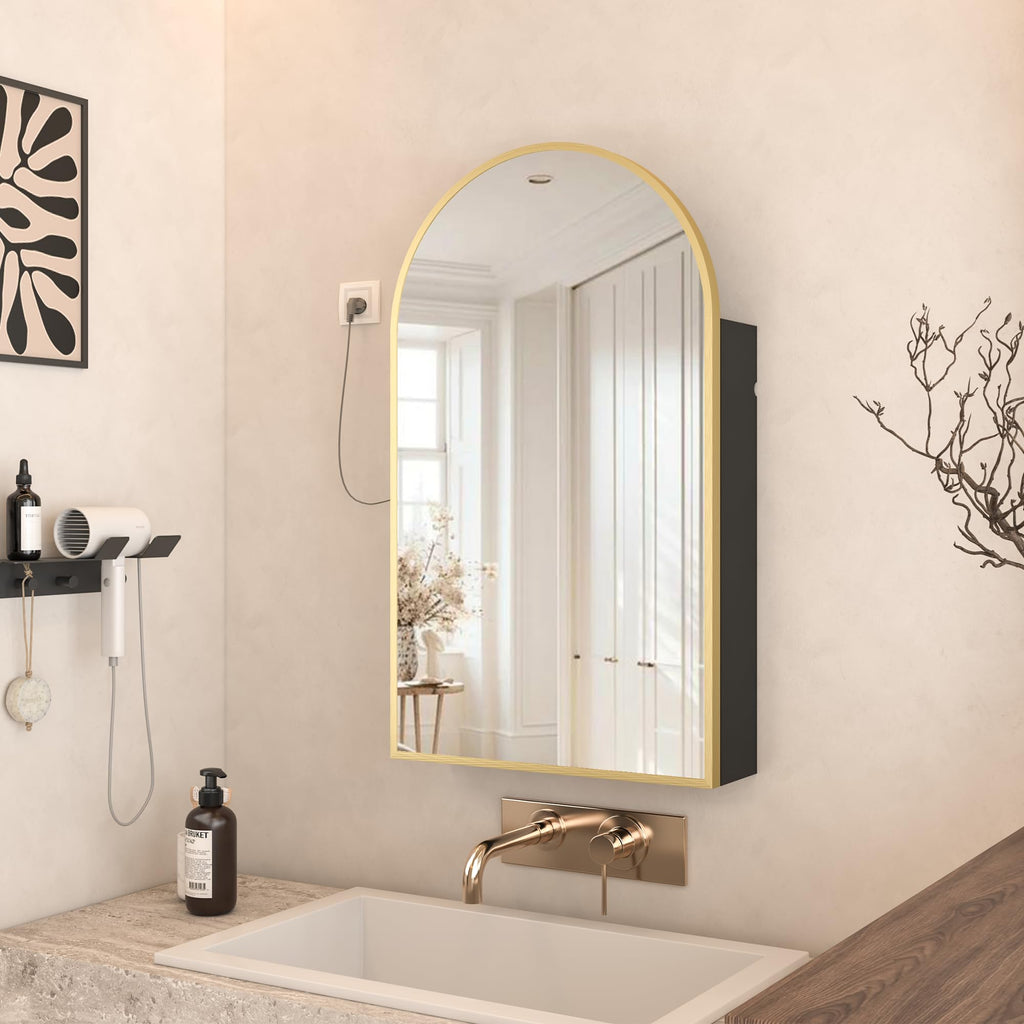 Arched Wall-Mounted Bathroom Mirror Cabinet with Storage & Outlet