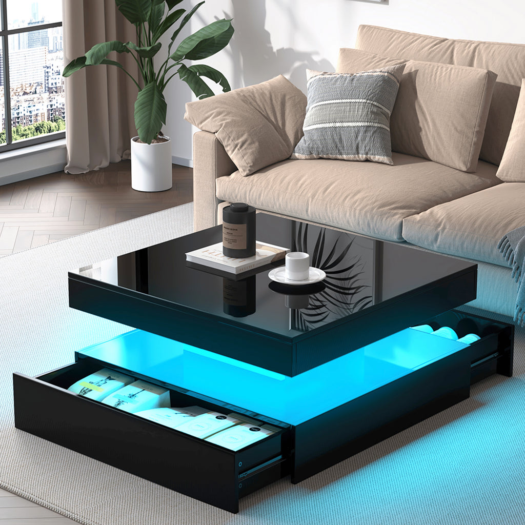 Square LED Coffee Table with Hidden Storage — Two-Drawer Model