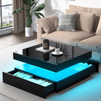 Square LED Coffee Table with Hidden Storage — Two-Drawer Model