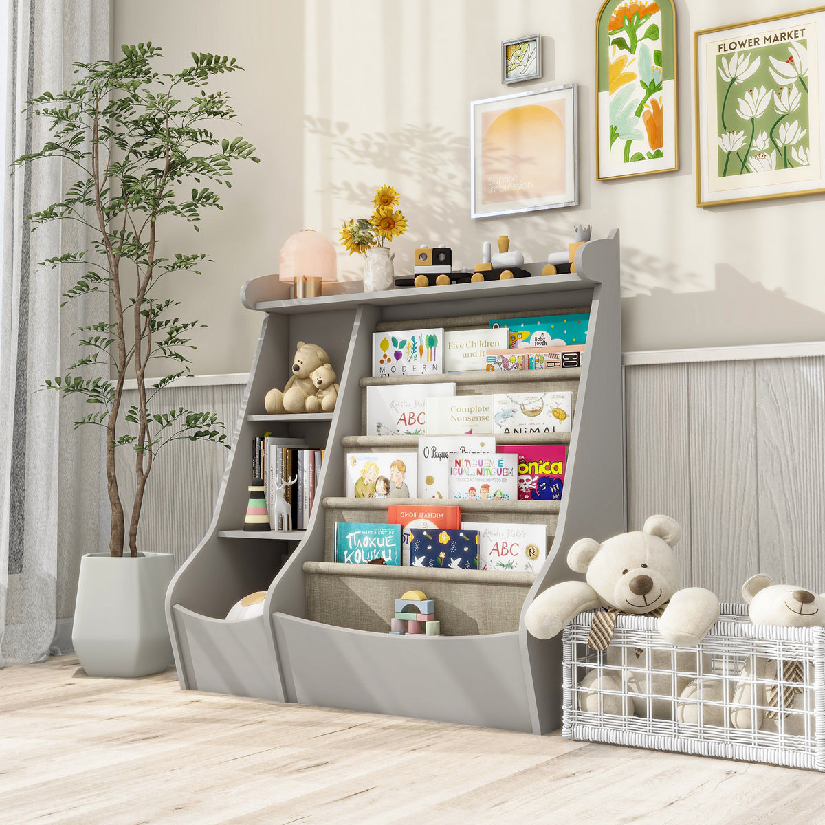 Montessori 4-Tier Kids Bookshelf & Toy Storage Organizer with Deer-Head Silhouette