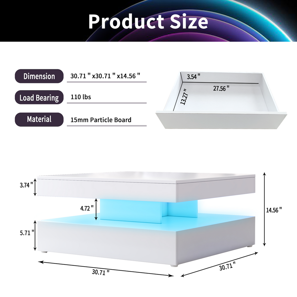 Square LED Coffee Table with Hidden Storage — One-Drawer Model