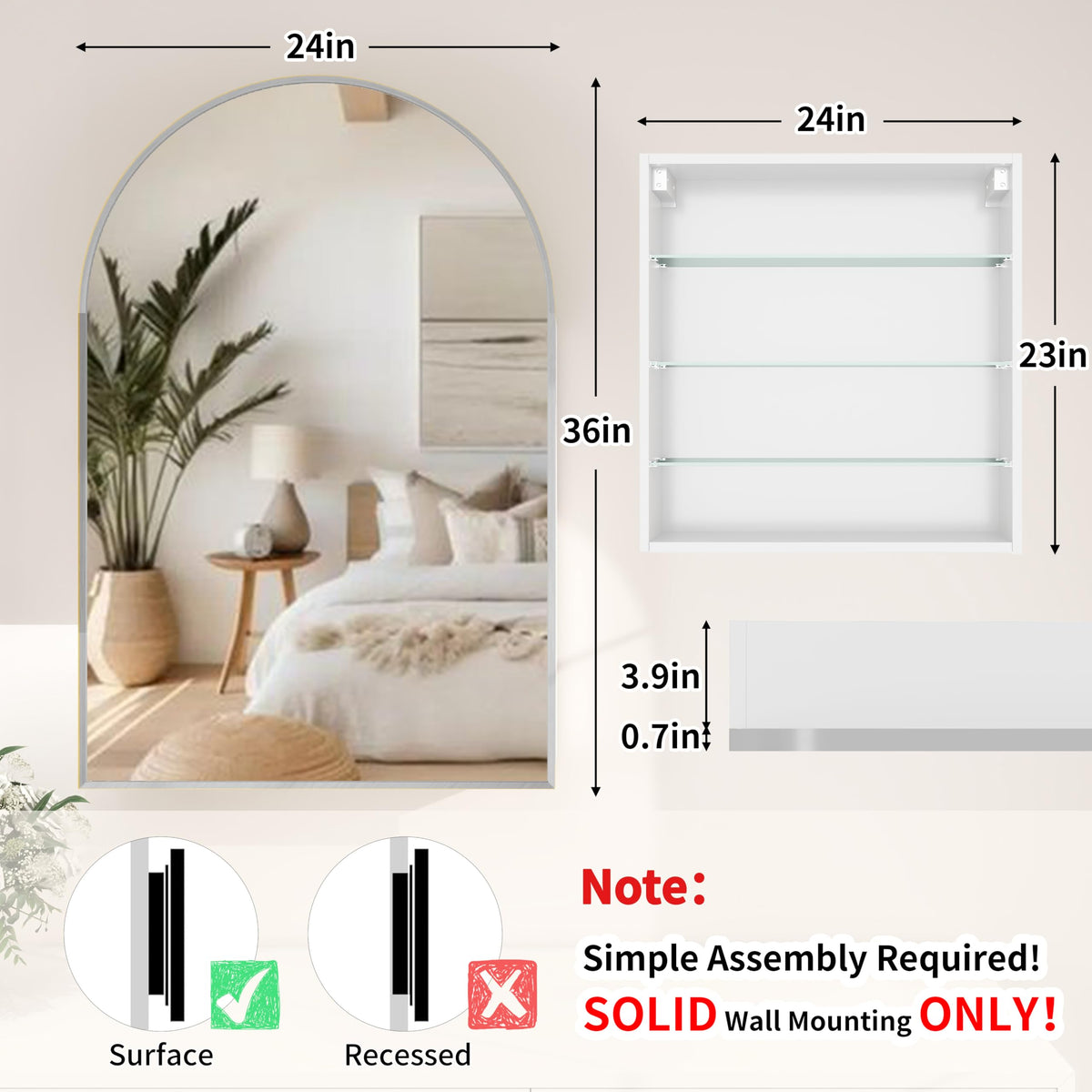 Arched Mirror Cabinet | 36" ×24" with Large Storage