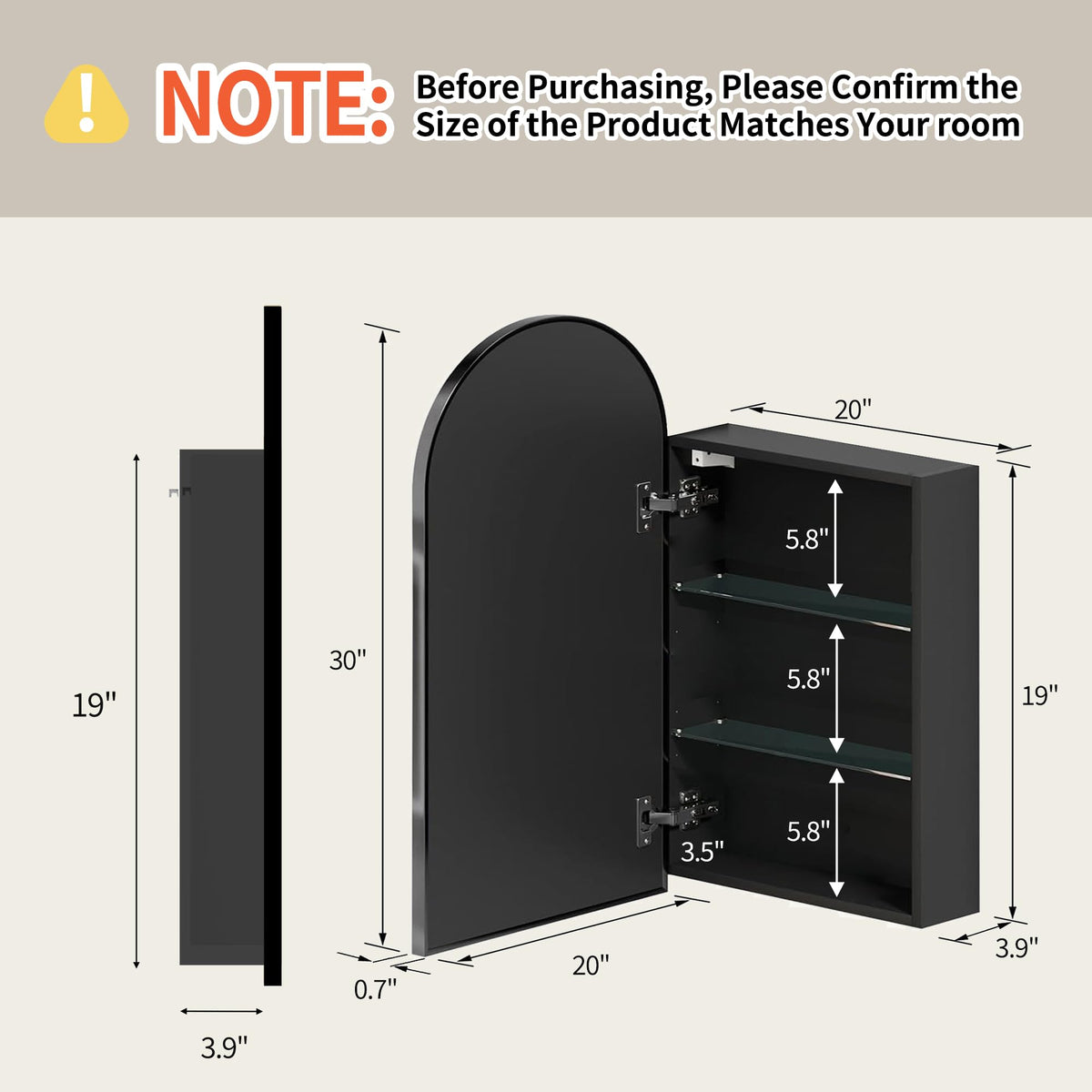 Arched Mirror Cabinet | 30" ×20" with Large Storage