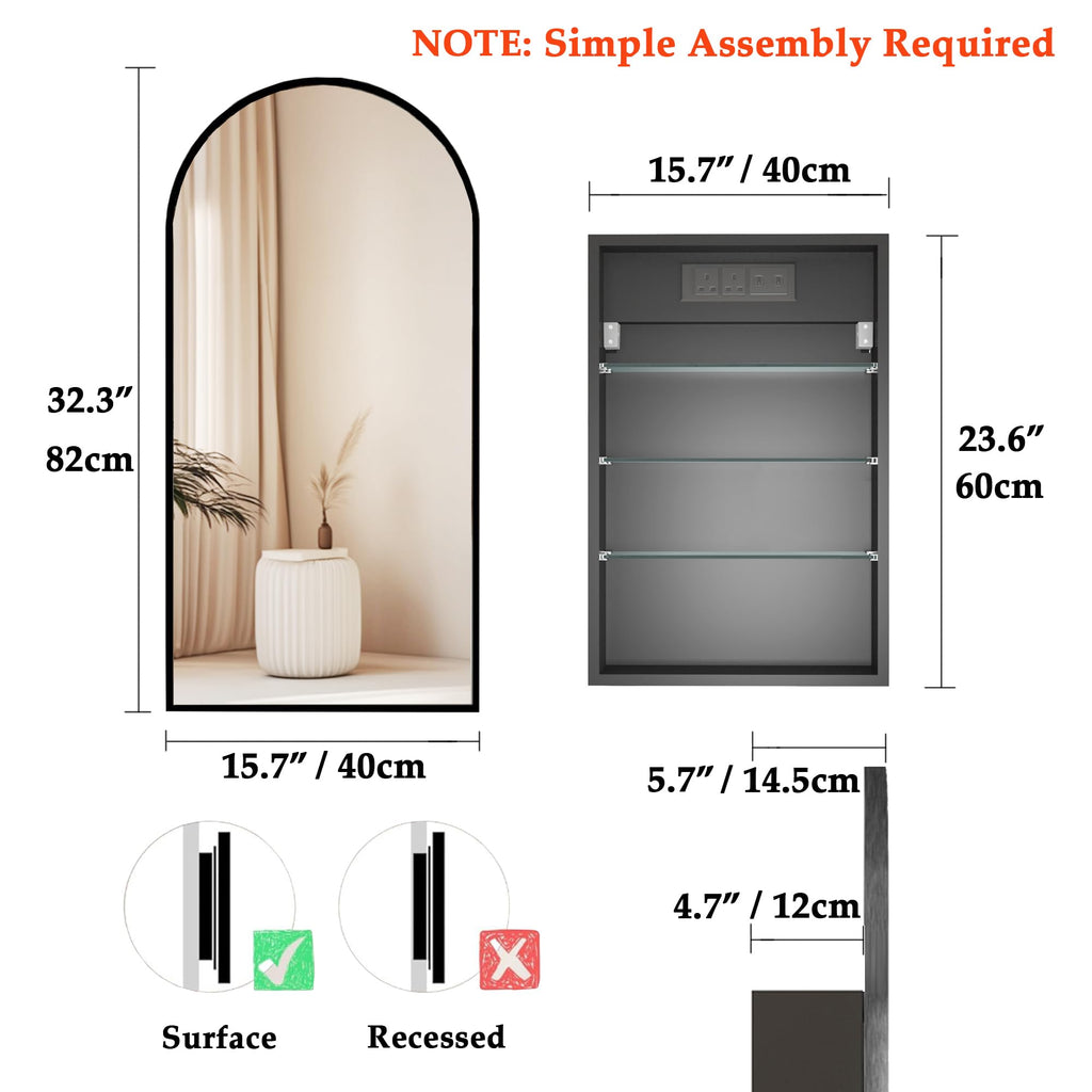 Arched Wall-Mounted Bathroom Mirror Cabinet with Storage & Outlet