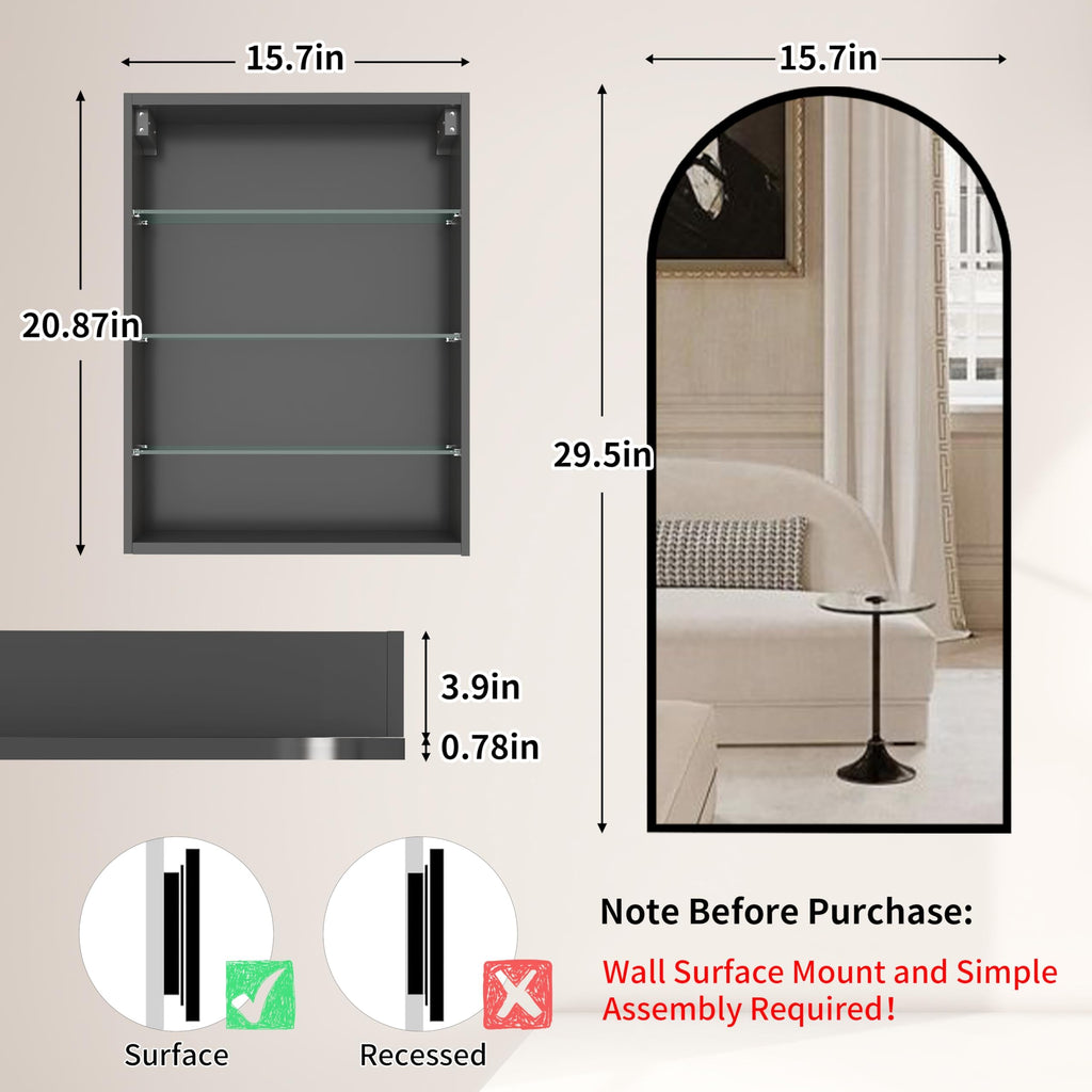 Arched Bathroom Mirror Cabinet | 29.5" × 15.7" with Large Storage