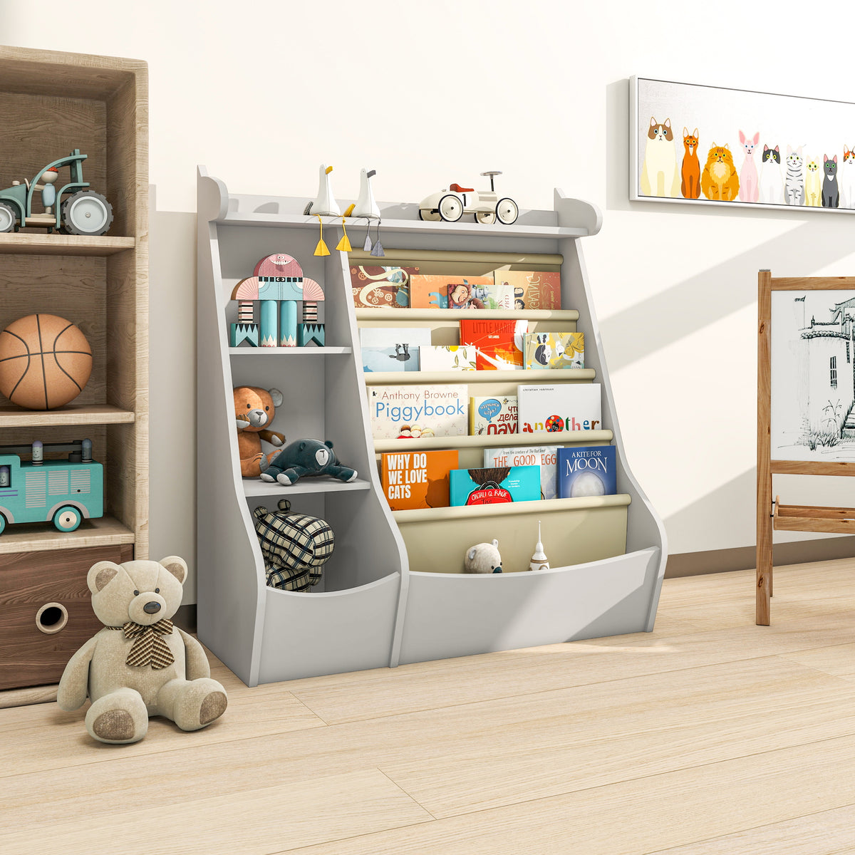 Montessori 4-Tier Kids Bookshelf & Toy Storage Organizer with Deer-Head Silhouette