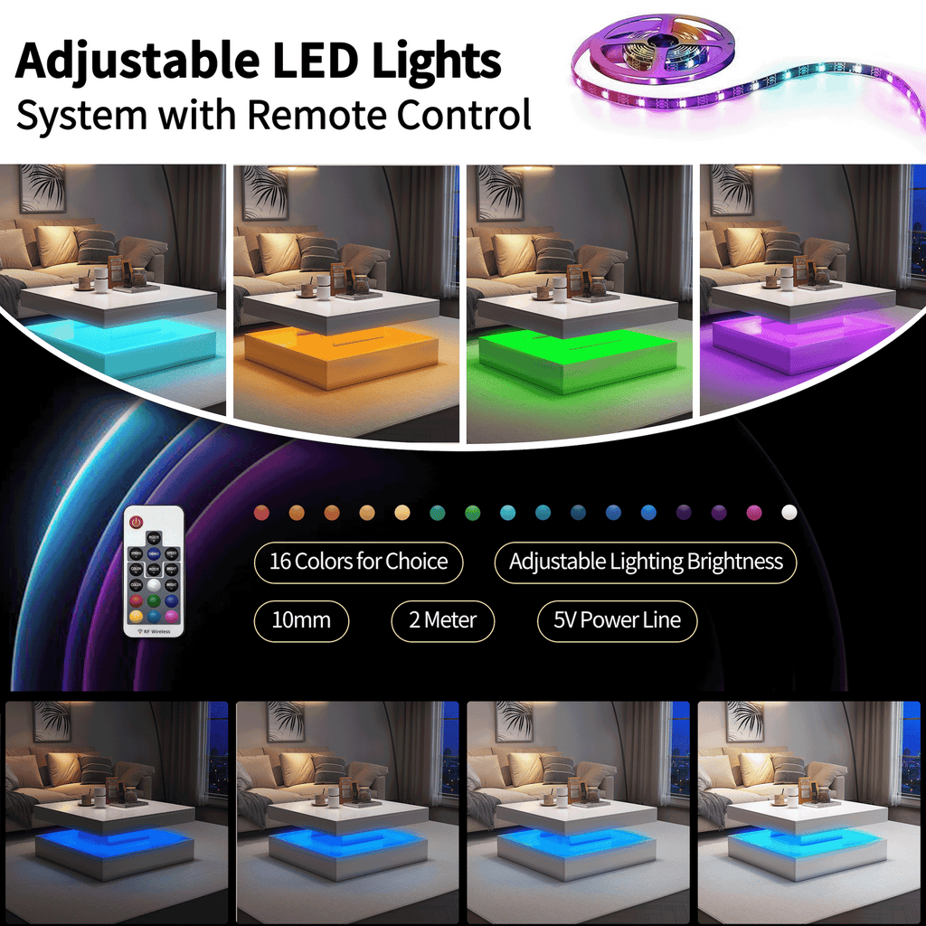 Square LED Coffee Table with Hidden Storage — One-Drawer Model