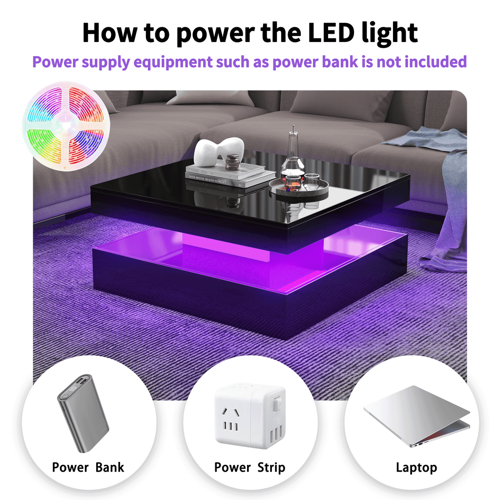 Square LED Coffee Table with Hidden Storage — One-Drawer Model