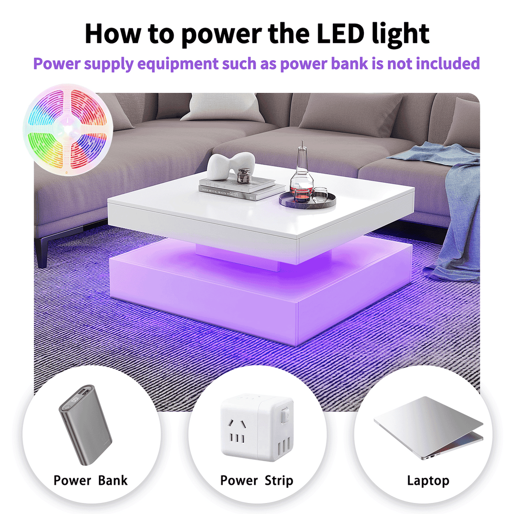 Square LED Coffee Table with Hidden Storage — One-Drawer Model