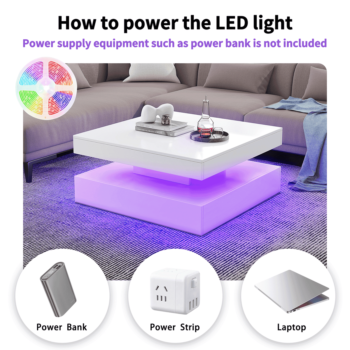 Square LED Coffee Table with Hidden Storage — One-Drawer Model