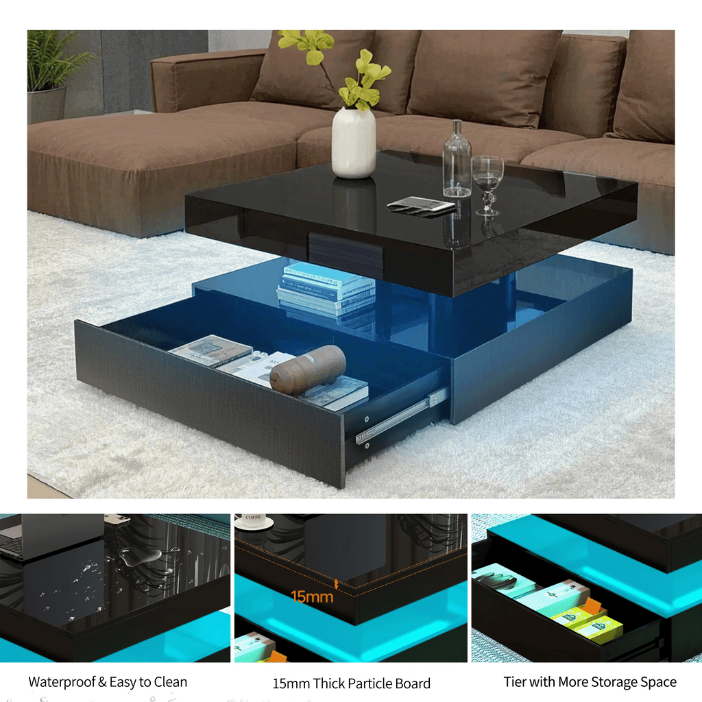 Square LED Coffee Table with Hidden Storage — One-Drawer Model