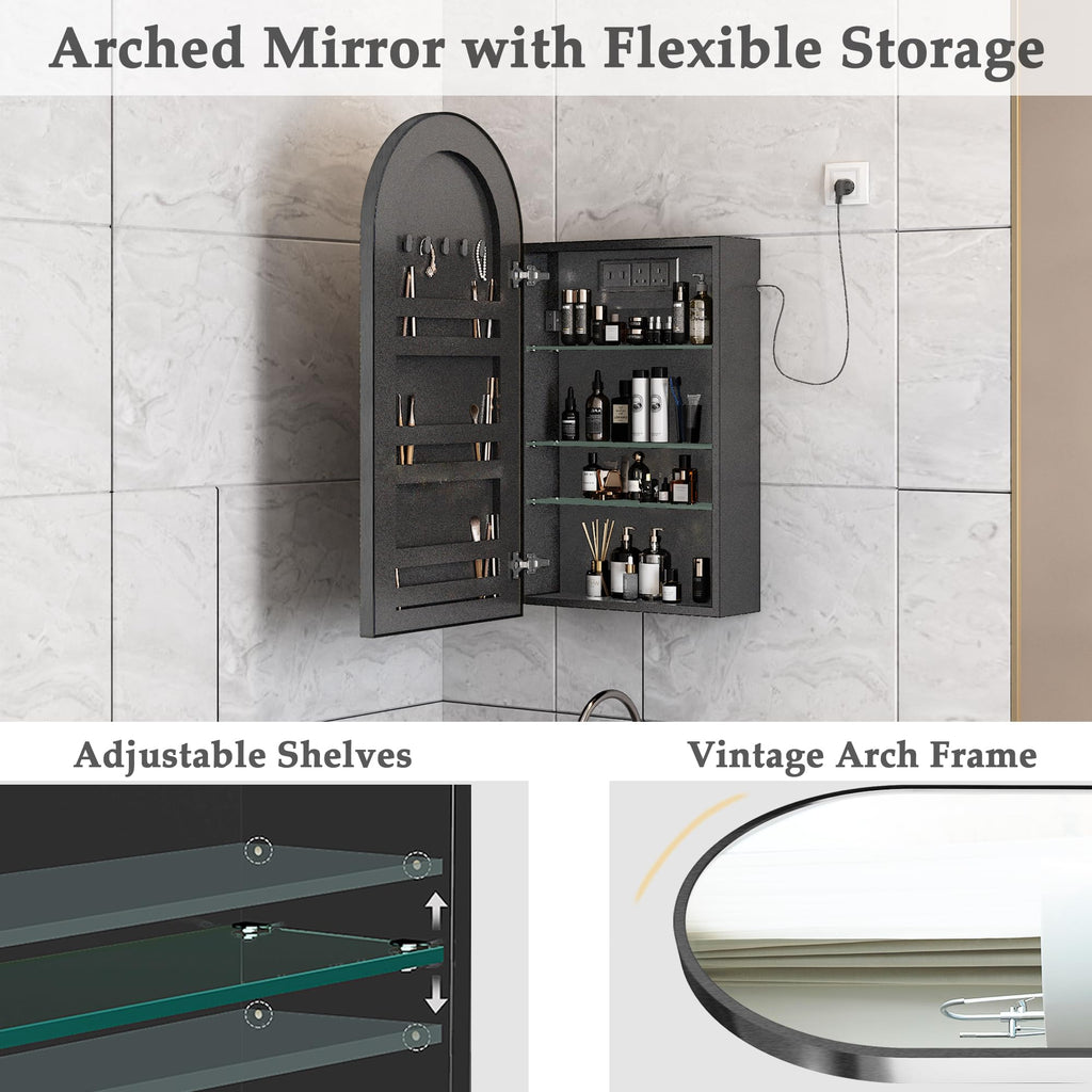 Arched Wall-Mounted Bathroom Mirror Cabinet with Storage & Outlet