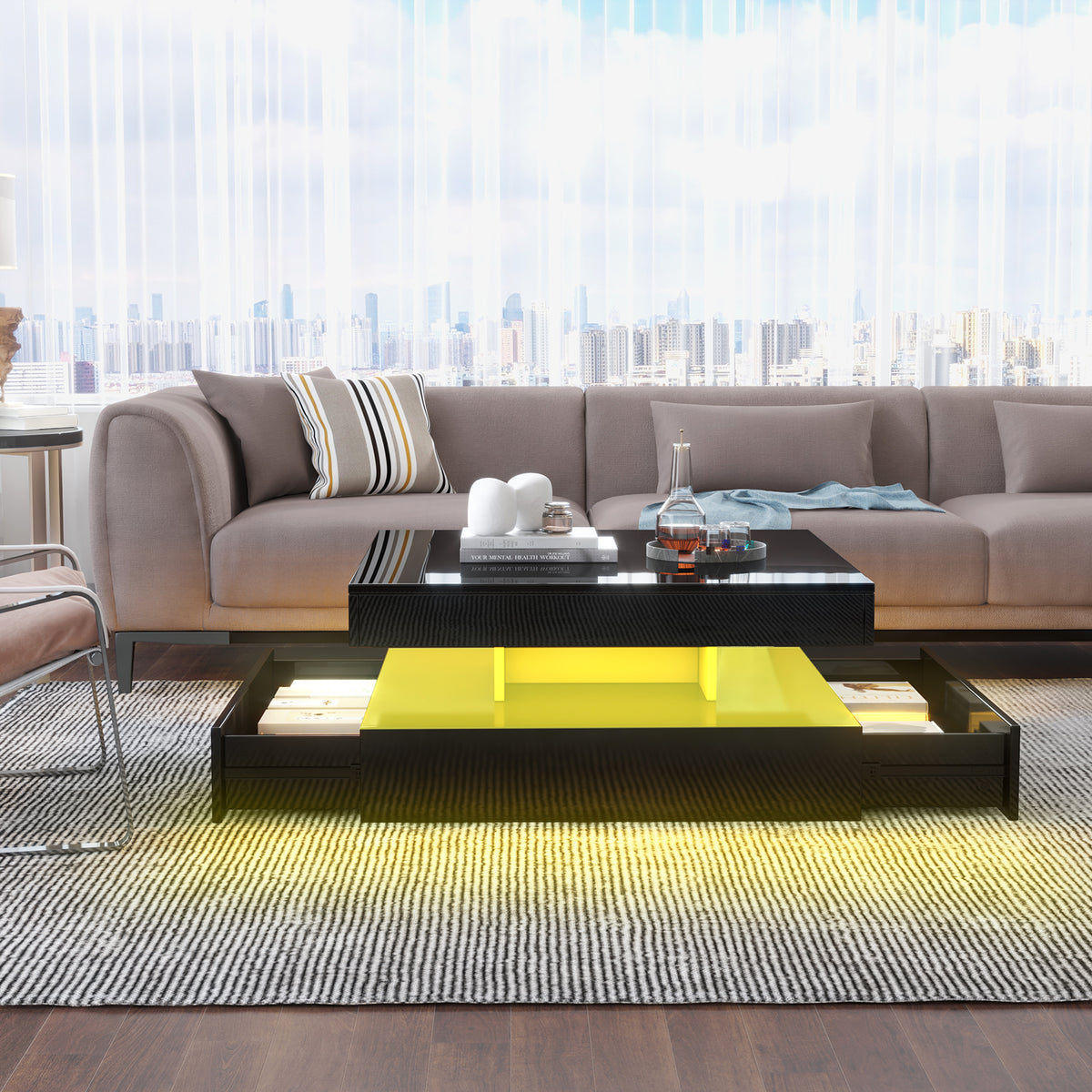 Square LED Coffee Table with Hidden Storage — Two-Drawer Model