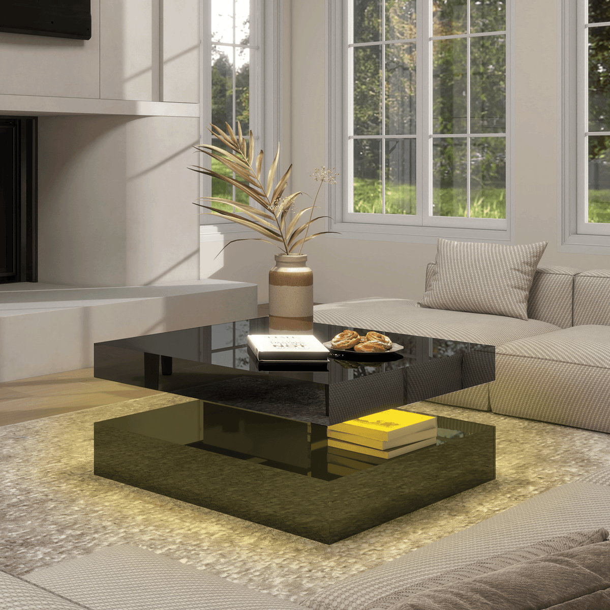 Square LED Coffee Table with Hidden Storage — One-Drawer Model
