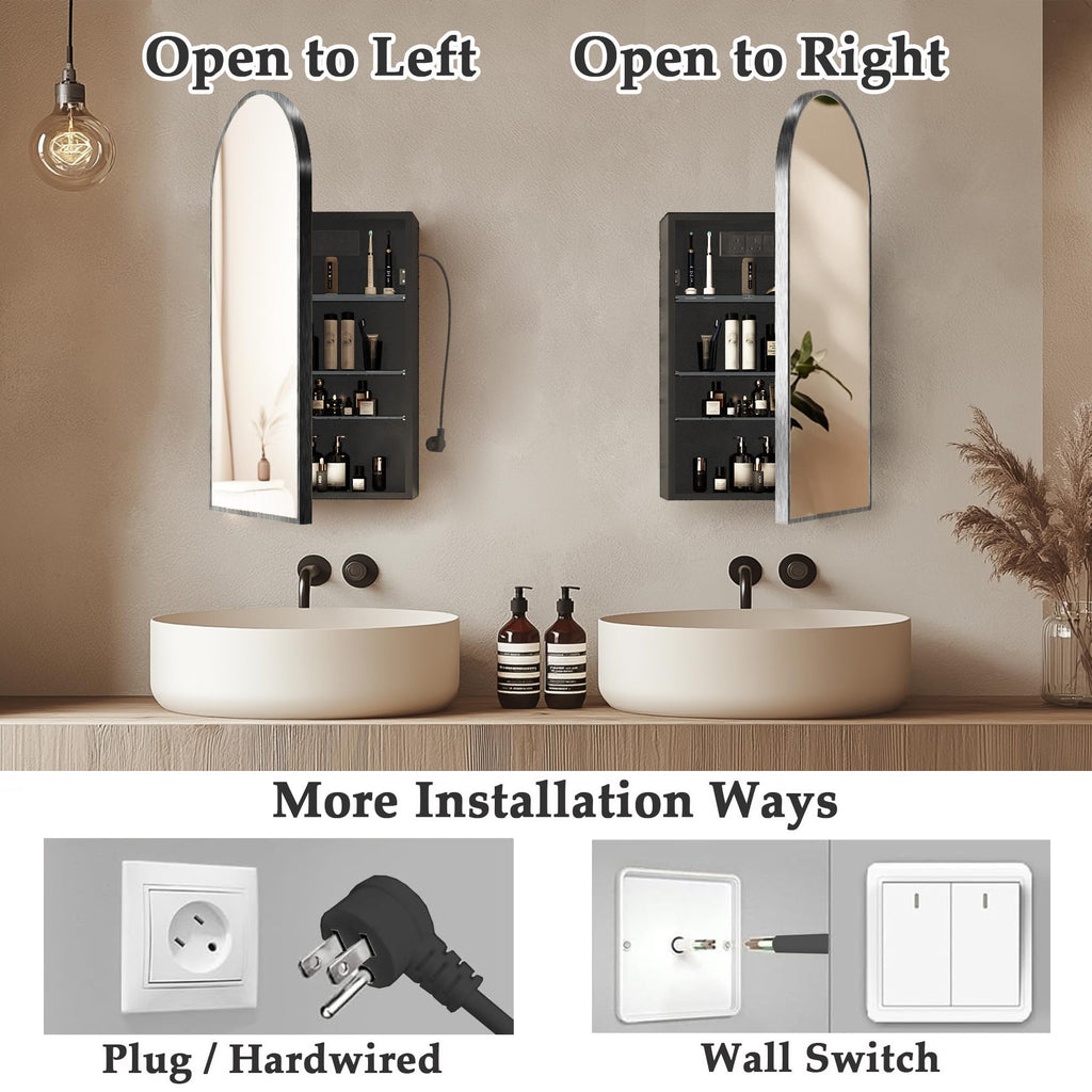 Arched Wall-Mounted Bathroom Mirror Cabinet with Storage & Outlet