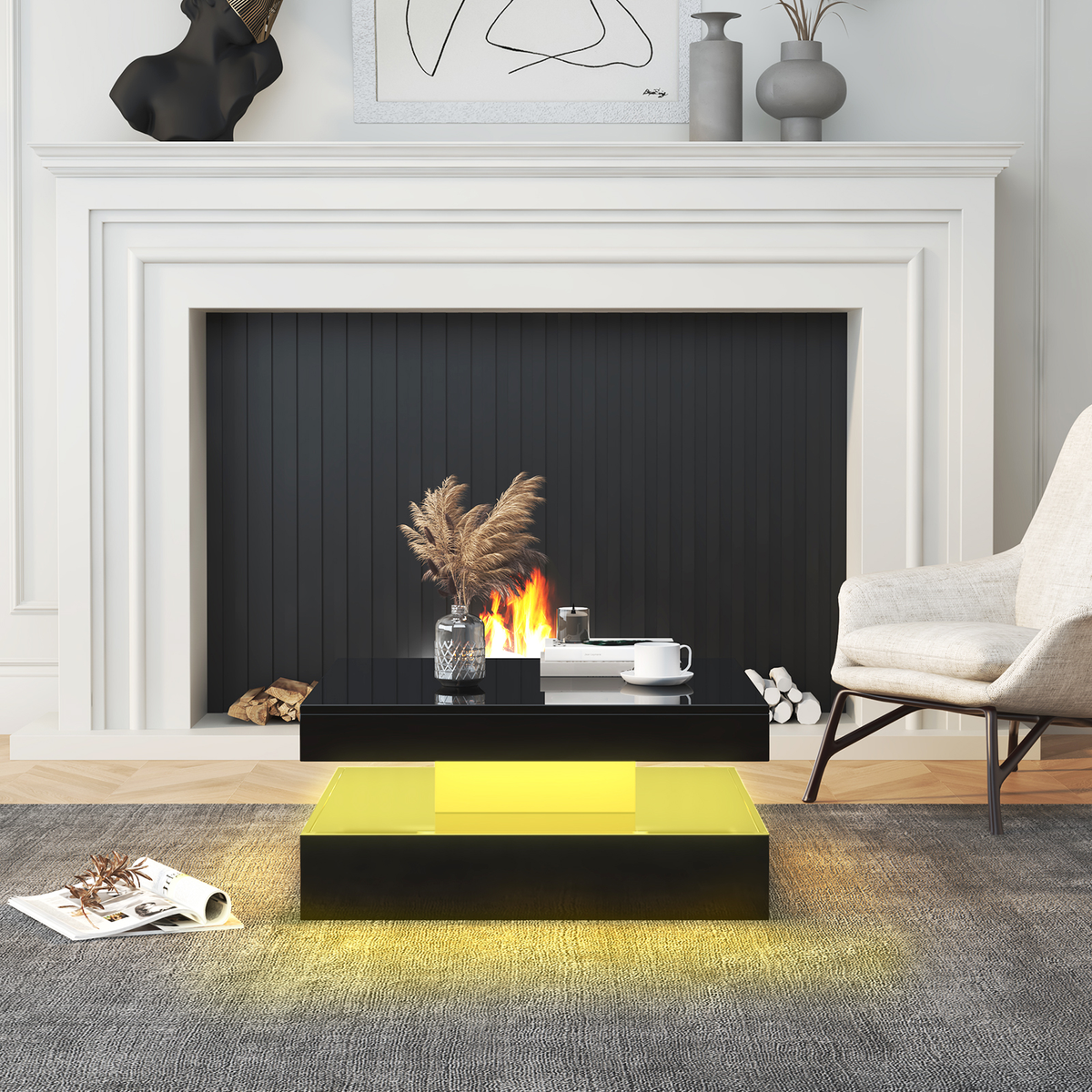Square LED Coffee Table with Hidden Storage — Two-Drawer Model