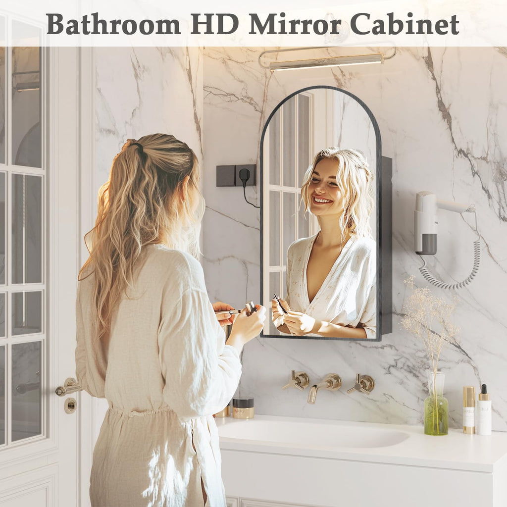 Arched Wall-Mounted Bathroom Mirror Cabinet with Storage & Outlet