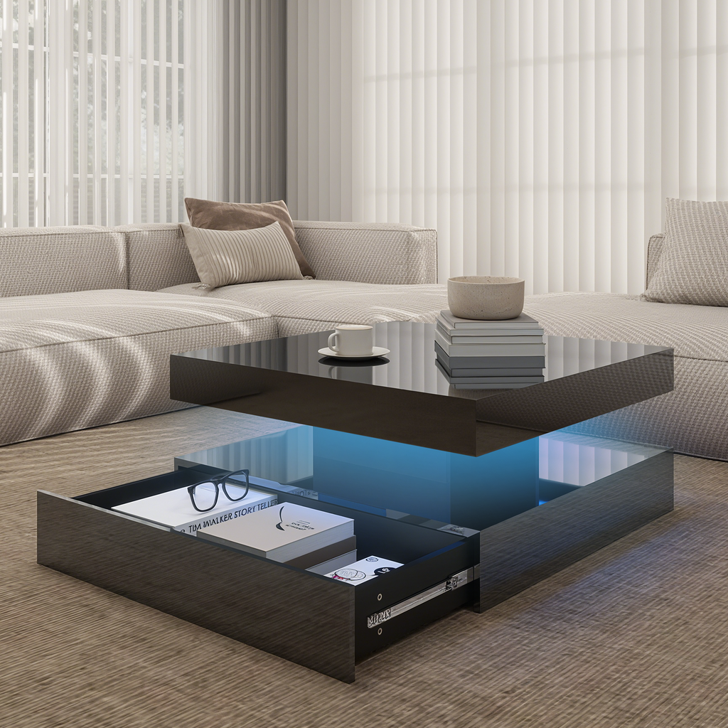 Square LED Coffee Table with Hidden Storage — One-Drawer Model
