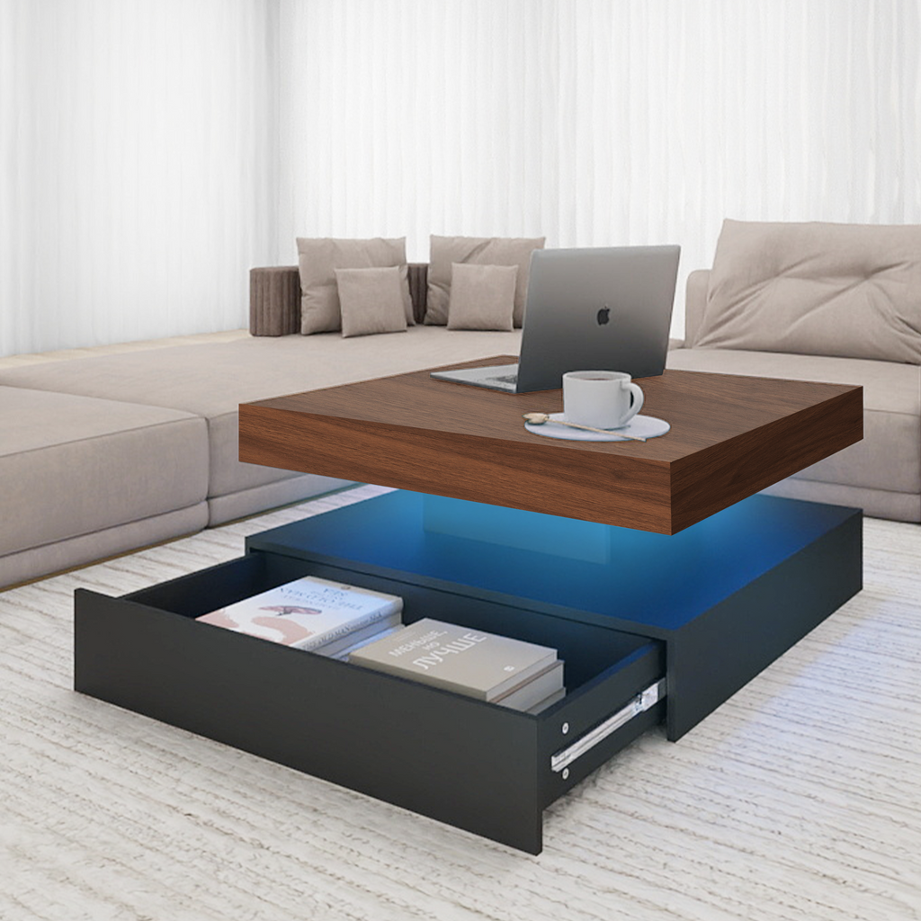 Square LED Coffee Table with Hidden Storage — One-Drawer Model